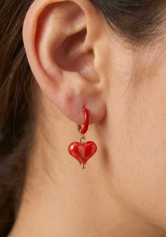 Shimmery Red Heart on Small Hoop Earrings