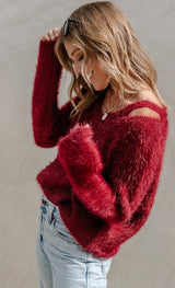 Merlot V-Neck Shoulder Cut-Out Fuzzy Sweater