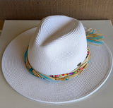 White CC Brand Sunhat w/Colorful Beads & Raffia Band and Adjustable Fit