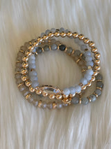 Gray & Gold W/Rhinestone Set of 4 Stretch Beaded Bracelets