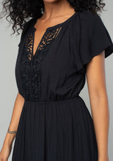 Black Tiered Midi Dress w/Lattice Trim Detail & Flutter Sleeve by Lovestitch