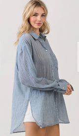 Light Denim Blue Sheer Long Sleeve Button Down Top
