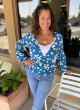 Ocean Blue & White Butterfly Pattern Wrap Top w/Tie Sleeves by Lovestitch