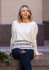 White, Mint & Raspberry Stripe Dolman Sleeve Scoop Neck Sweater Top