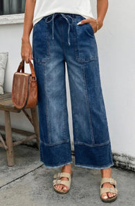The Julia Dark Denim Wide Leg Patchwork Jeans w/Drawstring Waistband & Pockets