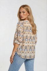 Lily Colorful Geo Print Boho Blouse w/Tassel Tie and 3/4 Sleeve