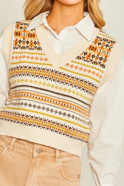 Ivory Retro Printed V-Neck Sweater Vest