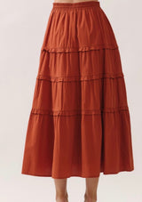 Terracotta Ruffle Tiered Elastic Tie Waistband Midi Skirt w/Pockets