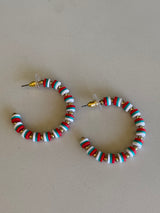 Red, White & Turquoise Heishi Beaded Open Hoop Earrings