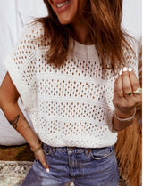 Hollow Out Knit Boho Round Neck Sweater Short Sleeve Top