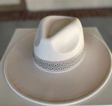 Ivory Flat Brim Fedora Hat w/Olive Green Chevron Band & Adjustable Fit