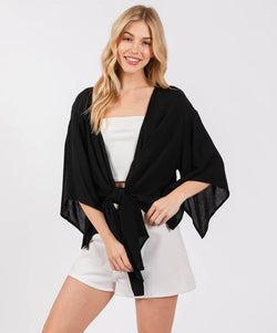 Black Gauze Front Tie 3/4 Sleeve Kimono Top