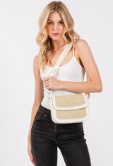 Ivory & Tan Woven Crossbody Purse w/Adjustable Seatbelt Strap