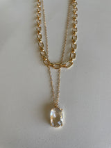 Gold Chain Link & Dainty Chain w/Clear Rectangle Stone Layered Necklace
