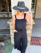 Black Flowy Leg Tank Jumper w/Drawstring Waist, Adjustable Straps and Pockets