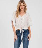 White Textured Bodice Short Sleeve Button Down Top w/Tie