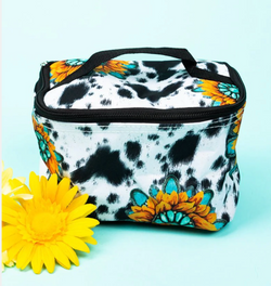 Western Sunflower & Cow Print Cosmetic Bag