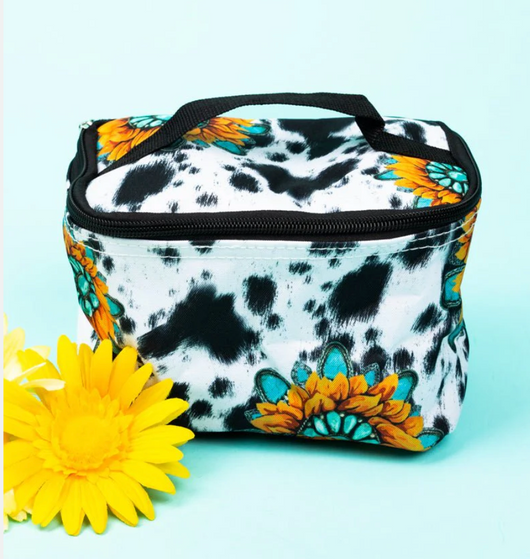 Western Sunflower & Cow Print Cosmetic Bag