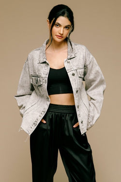 Grey Acid Wash Raw Edge Denim Jacket