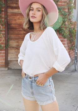 White Cloud Waffle Knit Long Sleeve Scoop Neck Top by Lovestitch