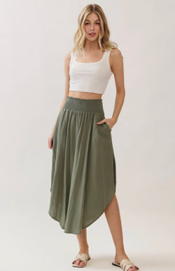Sage Green Midi Skirt w/Smocked Waistband, Pockets and Round Hem