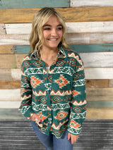 Hunter Green & Orange Western Design Button Down Fleece Flannel