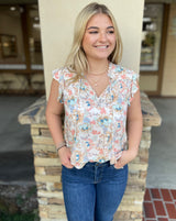 Natural & Coral Paisley Print Flutter Sleeve V-Neck Blouse by Lovestitch