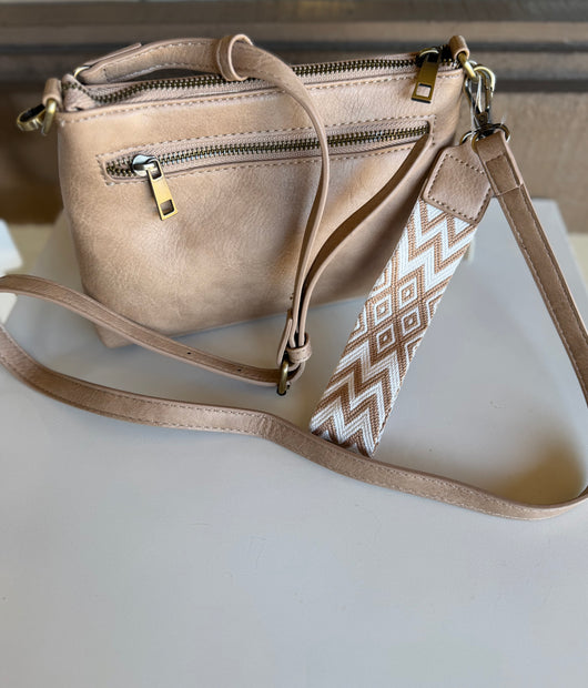 Taupe Crossbody Haute Fashion Purse w/Guitar Wristlet & Zipper Pockets