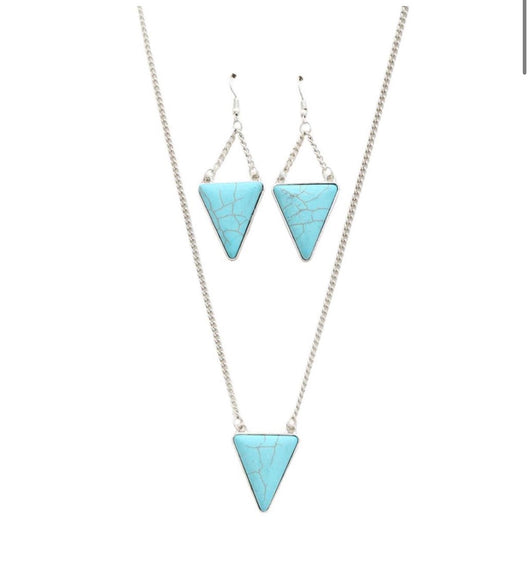 Silver & Turquoise Triangle Stone Necklace and Earring Set