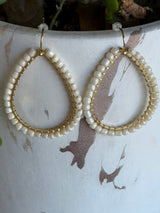 White Seed Bead & Gold Teardrop Dangle Earrings
