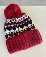 Red, White & Black Knit Cuff Beanie w/Pom Pom