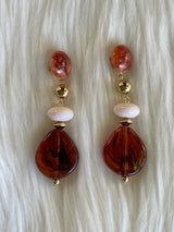 Brown, Cream & Gold Stone Dangle Earrings