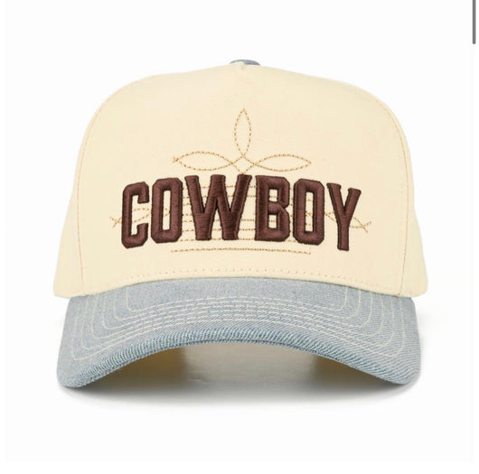 Cowboy Embroidered Denim & Beige CC Brand Adjustable Snap Closer Hat