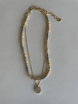Gray Glass Bead & Gold Ball Layered Necklace w/Rhinestone Coin Pendant