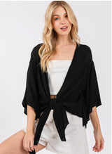 Black Gauze Front Tie 3/4 Sleeve Kimono Top