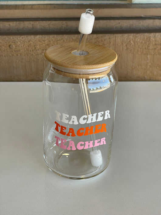 Teacher Glass Cup with Lid & Glass Straw 17oz.