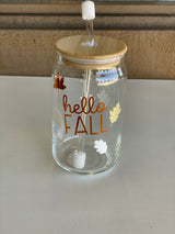 Hello Fall Leaves Glass Cup with Lid & Glass Straw