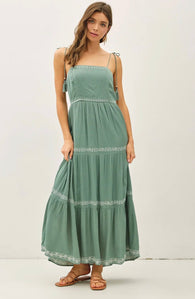 Teal Breezy Embroidered Tiered Maxi Dress w/Tie Straps