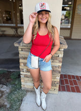 Red Lace Trim Ribbed Tank Top
