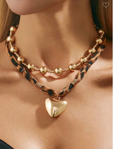 Gold Beaded & Leopard Scarf 2 Piece Heart Charm Necklace