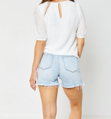 Light Denim Fray Hem Stretch XL Shorts by Judy Blue Rise 11” Inseam 4.5”