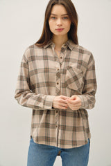 Mushroom Plaid Soft Button Down Flannel Top