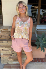 Soft Pink Linen Classic Shorts w/Pockets, Elastic Waist & Button