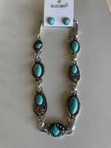 Chunky Turquoise Stones & Antique Silver Necklace and Post Earring Set