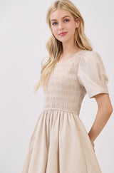 Indy Natural Smocked Bodice Puff Hemline Dress w/Pockets