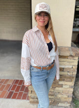 Khaki Leopard & Stripe Patchwork Long Sleeve Button Down Top w/Front Pocket