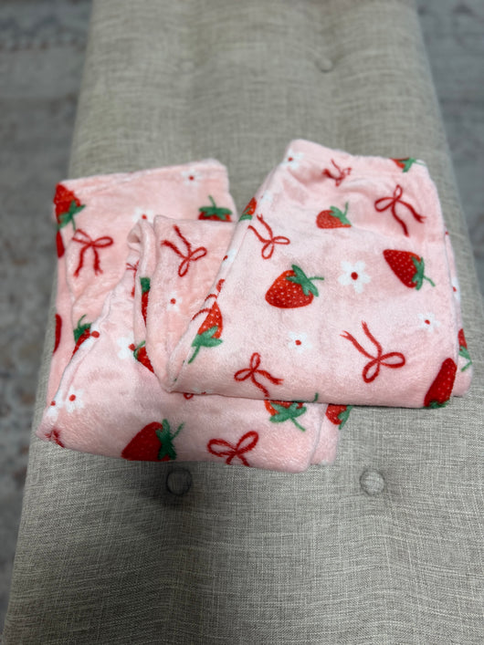 Pink & Red Strawberries and Bows Soft & Cozy OS Loungewear Pants w/Elastic Waistband