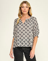 Bordeaux Cream & Black Diamond Design Boho Blouse
