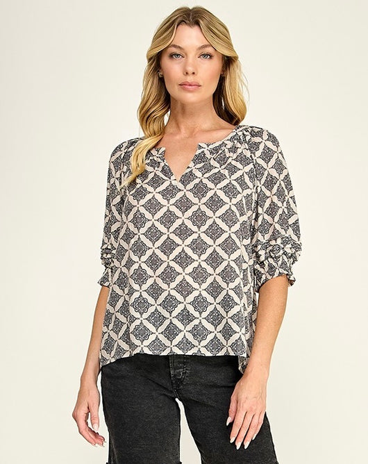 Bordeaux Cream & Black Diamond Design Boho Blouse