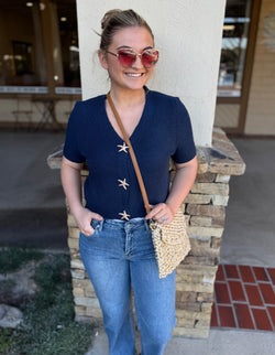 Navy Short Sleeve Knit Sweater Top w/Gold Starfish Snap Buttons